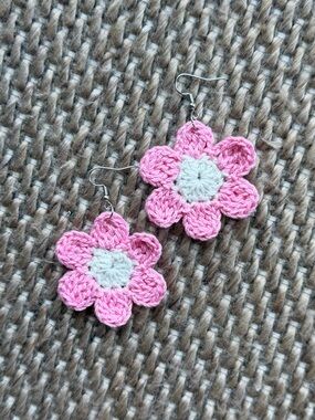 Hand Crafted Pink and Cream Crochet Flower Earrings